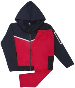 Ensemble deux pièces pour homme, sweat à capuche contrasté avec fermeture éclair, manches longues, poches latérales zippées, jogging en laine, ensemble de jogging pour homme - Product Image 1