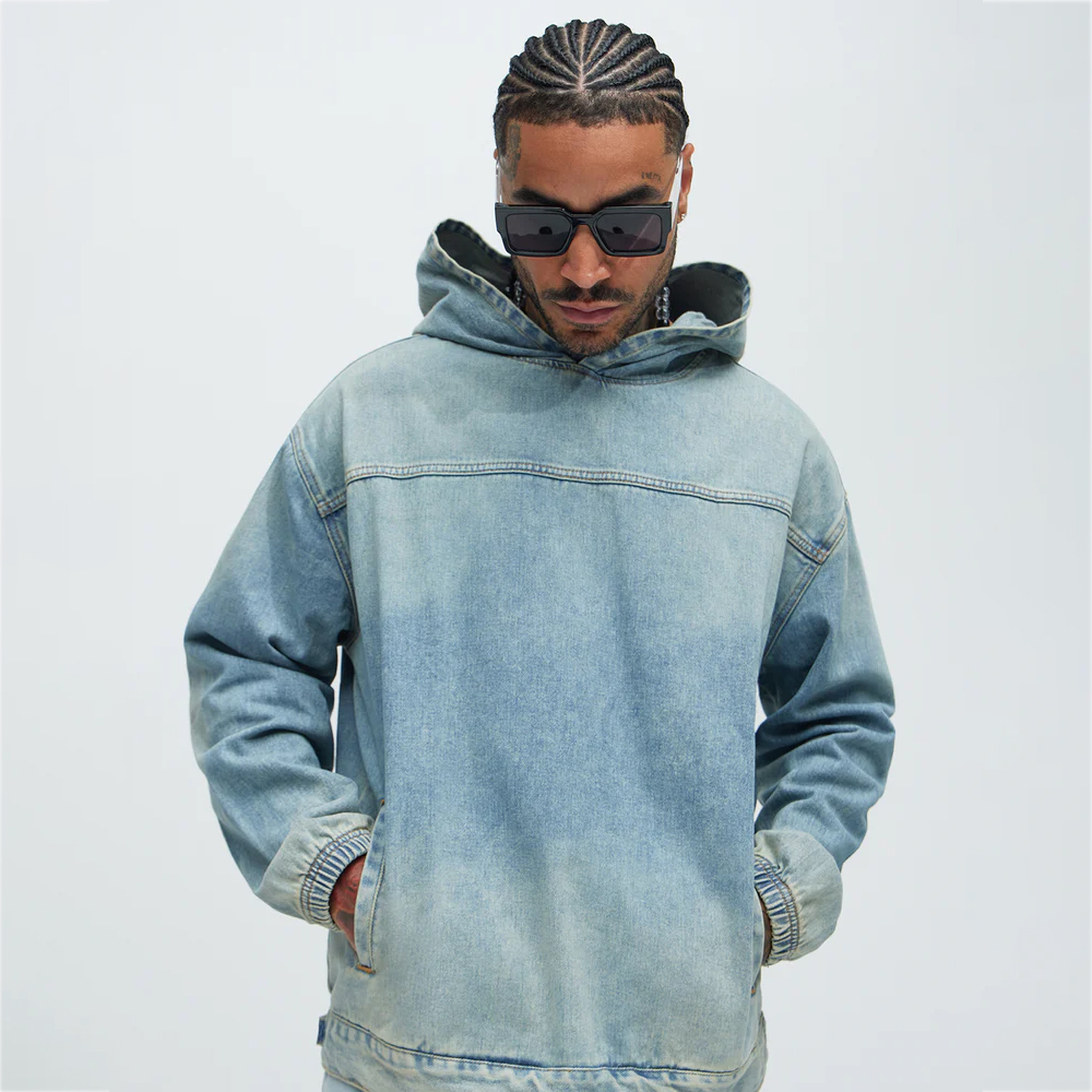 Oversized Hoodie Jean Jacket Over Sweatshirt Jacket With Denim