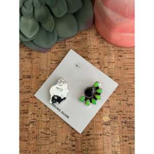 Southwest Handmade Flower Stud <b>Earrings</b> Multi Stone & <b>Sterling</b> <b>Silver</b> Bezel <b>Set</b> - Product Image 5