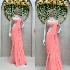 Elegante Sari de Diseñador Listo para Usar en Tela de Georgette Sintética con Detalles de Volantes y una Blusa con Estilo de Patchwork - Product Image 2