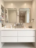 Meuble-lavabo double vasque flottant mat coloré avec miroir LED intégré et plan de travail en pierre