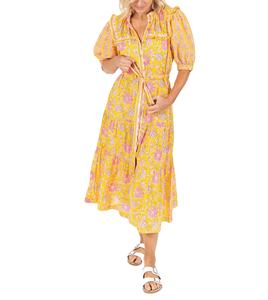 Exclusivo y Encantador Vestido Amarillo con Mangas Abullonadas, Puños Elásticos y Cintura Ajustada con Lazo - Product Image 1