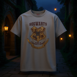 T-shirt a maniche corte con stemma dell'Accademia Fantasy, unisex per adulti, girocollo grigio, con grafica a tema scuola di magia - Product Image 2