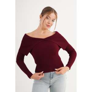 เสื้อสเวตเตอร์ถักคอวีสีแดงเบอร์กันดีสำหรับผู้หญิง ขายส่ง - Product Image 3