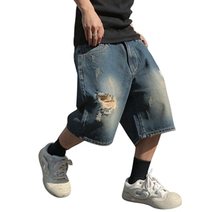 Short d'été en denim de coton pour hommes, coupe ample, taille élastique extensible, cordon de serrage, tissage tricoté et respirant, Streetwear bleu uni - Product Image 2
