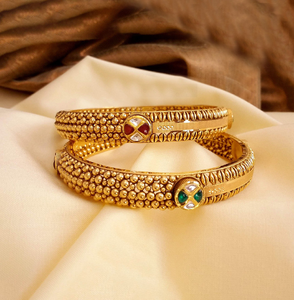 <b>Antique</b> brass <b>bangles</b> with a beautiful filigree lattice design and a central flower motif with clear stones, at wholesale prices - Product Image 4