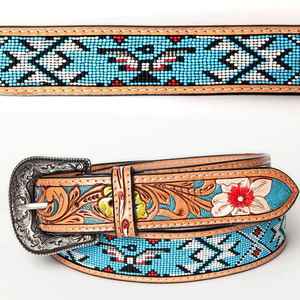 Unisex Premium Cowhide <b>Western</b> Cowboy <b>Belt</b> Full Grain Leather with Custom Beaded Designs Luxury Fashion Style Ready to Ship - Product Image 2
