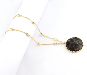 Trendy Wholesale Round Black Labradorite Gemstone Pendant Necklace Gold Plated Oval Bead Link Chain Necklace Party Wear Jewelry