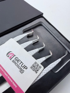 Pinzas para Extensión de Pestañas GETUP BROSONS IMPEX al por Mayor, de Acero Inoxidable Antimagnético con Recubrimiento de Polvo Blanco, Punta Plateada con Agarre de Diamante - Product Image 2