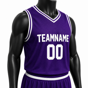 Ensemble de maillots de basket-ball pour hommes personnalisés, couleur violette, col en V, sans manches, nom de l'équipe sublimé, 00, uniforme en maille respirante, adulte, toutes saisons - Product Image 2