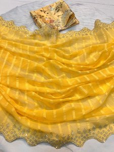 Desgaste de rutina Fancy Cut Border Work Peso ligero Pure Shimmer Georgette Patrón Longitud larga Fancy Saree con pieza de blusa - Product Image 2
