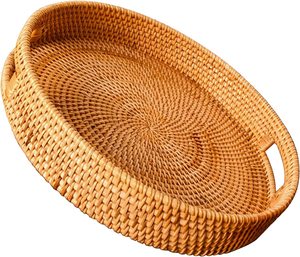 Plateau de service en osier tissé à la main Adiba avec plateau en bois unique au design rustique avec poignées en laiton pour la décoration intérieure - Product Image 1