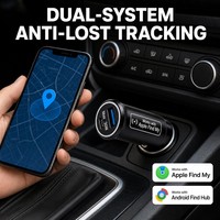 Chargeur de voiture 2-en-1 avec traceur GPS intégré, compatible avec la charge rapide 30W, double port USB-C, anti-perte, application Android, garantie 1 an