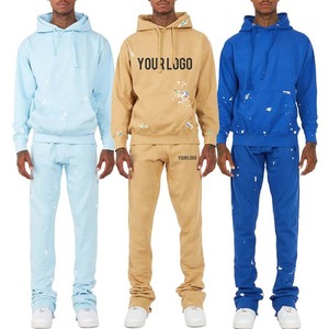 Conjunto de chándal con capucha y pantalones de chándal acampanados apilados de algodón 100% de corte regular de color sólido con logotipo personalizado para hombre - Product Image 3