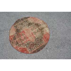 พรมวินเทจขนาด 2.9x2.9 ฟุต, พรมตุรกีทรงกลม, พรมลายดอกไม้สีแดง - Product Image 4