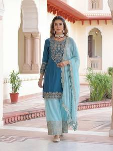 Costume Salwar en soie chinon élégant |   Travail de broderie en séquence entièrement cousu |   M à 2XL - Product Image 3