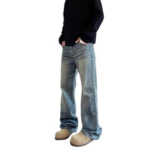 American Straight Loose Fit Jeans para hombres High Street Whiskered Style Pantalones de mezclilla largos Leve Flare Washed - Product Image 3