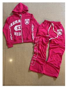 Sudadera con capucha y pantalones acampanados con cremallera completa y logotipo personalizado, conjunto de pantalones de chándal con capucha para hombre de algodón 100%, conjunto de chándal para correr - Product Image 1