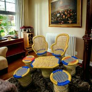 Trendy Modern 2-Sofa <b>Chair</b> Set <b>4</b> Ottomans Center Table Indoor Outdoor Garden Living <b>Room</b> Wicker Bamboo Made Scandinavian <b>Dining</b> - Product Image 6