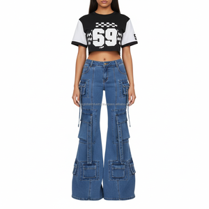 กางเกงยีนส์ทรงคาร์โก้เอวสูงสไตล์ Y2K หลายกระเป๋า ขาบาน – กางเกงยีนส์ทรงวินเทจขาบานสำหรับผู้หญิง พร้อมสายรัด ผลิตโดย OEM - Product Image 1