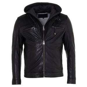 Veste en cuir noire pour homme à plusieurs poches avec capuche, coupe ajustée élégante, veste de moto avec fermeture éclair sur le devant et design personnalisé - Product Image 4
