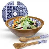Enamel cetak Set mangkuk kayu mangga desain Asia pencuci piring peralatan makan alami aman Server Salad Set kualitas terbaik