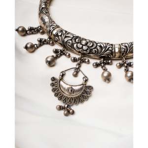 925 Silver Noor Chittai <b>Statement</b> <b>Necklace</b> Silver Tribal Crescent Moon <b>Necklace</b> Embossed Floral Choker Artisan <b>Statement</b> Jewelry - Product Image 1