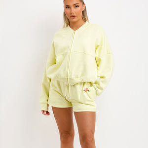 Premium personnalisé citron 2 pièces femmes blouson aviateur et short ensemble de survêtement femmes à capuche et ensemble de survêtement court femmes ensemble 2 pièces - Product Image 1