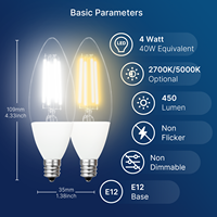 Ampoule LED à filament 4W 450LM à capteur de lumière crépusculaire à l'aube, 120V, sans scintillement, E12, prix compétitif, pour usage résidentiel, FCC