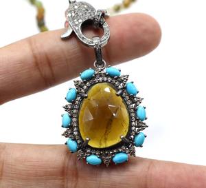 Plata de Ley 925 turmalina amarilla Natural piedra de corte facetado colgante de turquesa de Arizona collar redondo de turmalina múltiple - Product Image 4