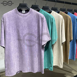 Vêtements Vintage pour hommes surdimensionnés personnalisés poids lourd col épais lavage à l'acide 300 GSM T-Shirt rétro Streetwear unisexe en détresse - Product Image 3