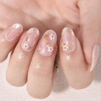Faux ongles ronds courts en acrylique, motif fleur blanche or français, réutilisables, kit naturel, vente en gros