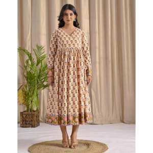 Robe longue Angrakha rose crème imprimée avec jupe évasée, vêtements indiens et pakistanais - Product Image 3