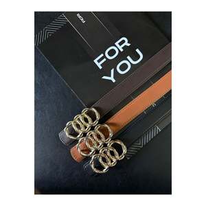 Set of 2 Genuine <b>Domed</b> Leather Combined <b>Ring</b> Buckle Women's Trouser Belt, Jacket Belt, Dress Belt - Black-Tan - Product Image 2