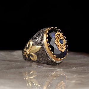Anillo de Hombre Estilo Otomano Vintage Turco en Plata de Ley 925 con Baño Bicolor de Rodio y Oro, Modelo RCEGYT-267 - Product Image 1