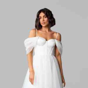 Vestido de novia civil con hombros descubiertos, vestido de tul blanco leche, vestido de vuelo Midi, vestido de novia romántico de verano para Ceremonia de playa, talla S M - Product Image 3