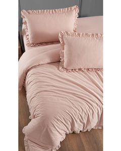 Parure de lit double 4 pièces en polycoton rose poudré style princesse, avec housse de couette à volants, drap-housse et taies d'oreiller pour usage domestique - Product Image 1