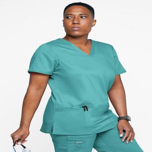 Top médico de manga corta con cuello en V para mujer con bolsillos de utilidad verde azulado - Product Image 1