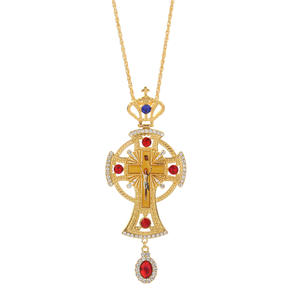 Collier précieux en stock, artisanat d'église, luxe, or plaqué, métal, croix pectorale orthodoxe, gravure, pierre rouge, cadeau religieux - Product Image 5