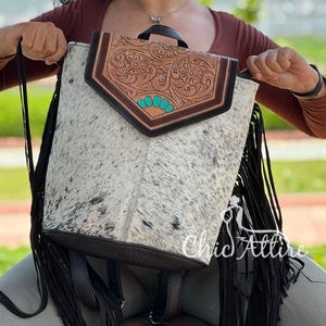 Vente chaude peau de vache sac à dos frange élégant Style occidental sac à dos sacs d'école unisexe usiné à la main sculpture en gros produit en vrac - Product Image 1