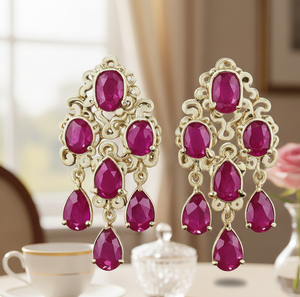 Boucles d'oreilles en pierre précieuse rubis |   Rubis de forme ovale 8x10 et de forme poire 7x10 |   Bijoux de créateur en argent sterling 925 plaqué or 18 carats |   Cadeau pour elle - Product Image 5