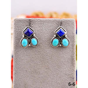 Southwest Geometric Stud <b>Earrings</b> Lapis Lazuli & Kingman Turquoise with Sterling <b>Silver</b> Bezel Setting - Product Image 6