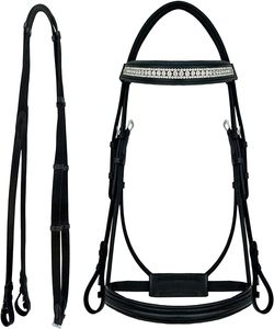 Bridon anglais en cuir noir avec frontale et rênes ornées de strass pour l'équitation - Product Image 1
