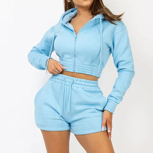 Conjunto informal de 2 piezas con capucha y pantalones cortos para mujer, ropa de verano de mezcla de algodón con logotipo personalizado y diseño transpirable - Product Image 1