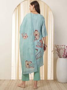 Kurta recto de seda con cuello de ojo de cerradura estampado Floral verde marino con pantalón y Dupatta para mujer producto a granel personalizado para mujer - Product Image 5