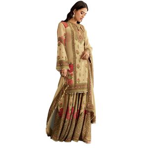 Vente en gros de vêtements ethniques pour femmes OEM en tissu à imprimé floral Kurta Palazzo Beige avec Dupatta - Product Image 3