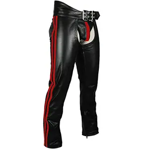 Chaps da motociclista veri da uomo in pelle con strisce rosse Chaps in pelle/chaps in pelle da uomo all'ingrosso/chaps in pelle di riding di cavalli di nuova moda