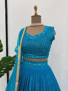 Hilo de Georgette sintético atractivo con bordado de secuencia Lehenga Choli con trabajo de encaje Dupatta precio al por mayor Ropa Étnica - Product Image 5