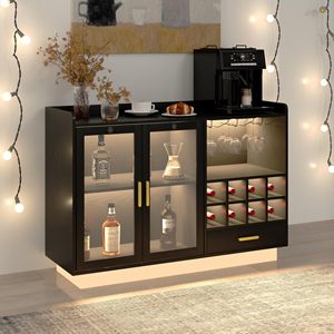 Meuble à vin moderne de luxe en bois noir, bar à liqueurs, station café avec éclairage LED et portes vitrées pour salon, salle à manger, <span class=keywords><strong>buffet</strong></span> - Product Image 1