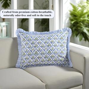 Light Steel <b>Blue</b> Floral Ruffle Lumbar <b>Pillow</b> Covers Pair, Hand-Block Print Cotton Decorative Sham Couch, Bed, Wedding, Gift - Product Image 6